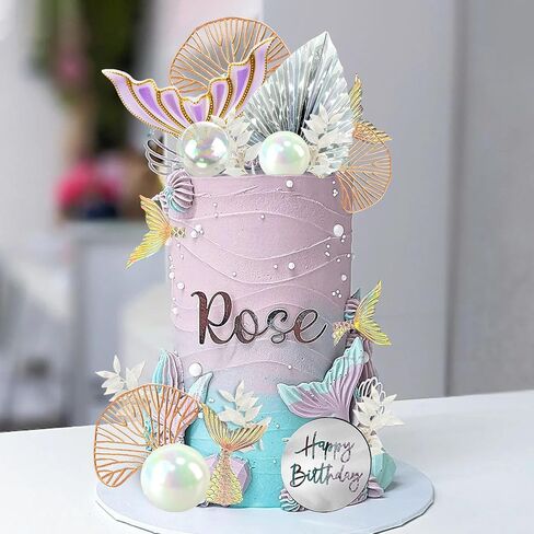 Drwate Mermaid Cake Toppers - Tail Cake Decorations مع كرات اللؤلؤ البيضاء لعيد ميلاد الفتاة أو استحمام الطفل - تحت Sea Party Mermaid Supplies (النمط 1) in Kuwait