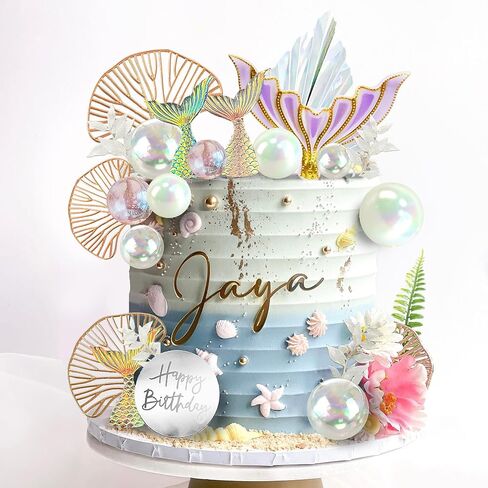 Drwate Mermaid Cake Toppers - Tail Cake Decorations مع كرات اللؤلؤ البيضاء لعيد ميلاد الفتاة أو استحمام الطفل - تحت Sea Party Mermaid Supplies (النمط 1) in Kuwait