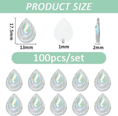 SUPERFINDINGS 100Pcs Clear Peacock Rhinestone 17.5x13mm Peacocks Tail Flat Back Resin Cabochon Teardrop Peacock Eye Flatback Rhinestone for DIY Jewelry Making Wedding Dress Decorations in Saudi Arabia