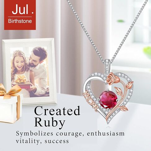 Iefil Mom Birthstone Necklace Gifts for Mom, 925 Sterling Silver Rose Round Birthstone Necklace Mothers Day Christmas Birthday Gifts Jewelry for Mom Bonus Mom Mother in Law in Kuwait