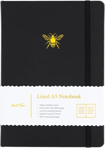 Yop & Tom A5 Lined Journal - Notebook with Vegan Leather Cover and Bee Emblem - Charcoal in Kuwait
