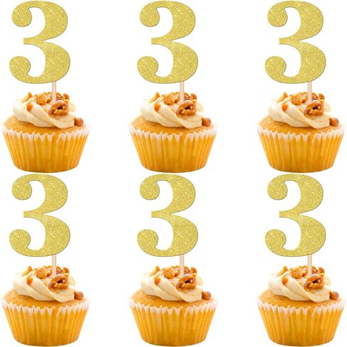 30 PCS Number 3 Cupcake Toppers Glitter 3rd Birthday Cupcake Picks Age Three Cheers to 3 Years Old Cake Decorations for Baby Shower Kids Happy Third Birthday Anniversary Party Supplies Gold in Saudi Arabia
