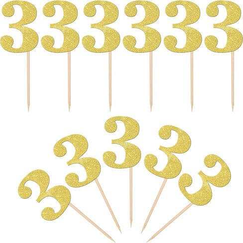 30 PCS Number 3 Cupcake Toppers Glitter 3rd Birthday Cupcake Picks Age Three Cheers to 3 Years Old Cake Decorations for Baby Shower Kids Happy Third Birthday Anniversary Party Supplies Gold in Saudi Arabia