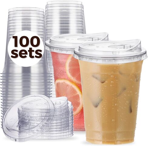 100 Pack 32 oz Clear Plastic Cups with Strawless-Sip-Lids, Disposable Cups Plastic Iced Coffee Cups, To Go Cups with Sip Through Lids for Smoothie, Milkshake, Cold Drinks for Party, Wedding, Event in Saudi Arabia