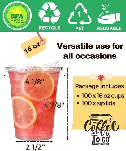 100 Pack 32 oz Clear Plastic Cups with Strawless-Sip-Lids, Disposable Cups Plastic Iced Coffee Cups, To Go Cups with Sip Through Lids for Smoothie, Milkshake, Cold Drinks for Party, Wedding, Event in Saudi Arabia