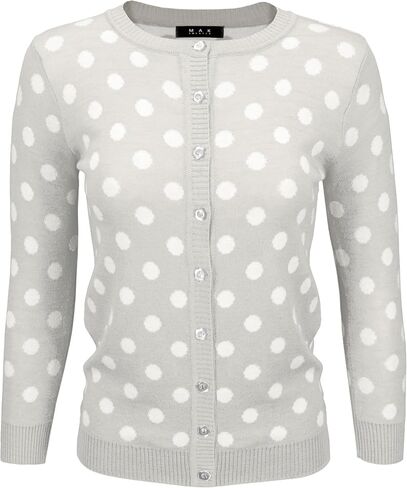 YEMAK Women's Knit Cardigan Sweater – Long Sleeve Crewneck Polka Dot Jacquard Button Down Casual Lightweight Knitted Top in Kuwait