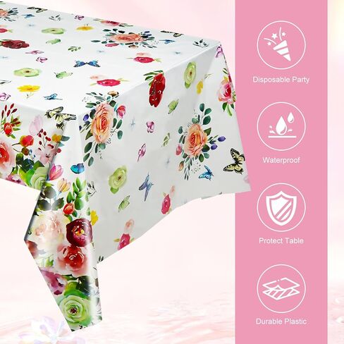 Spring Floral Tablecloths, Colorful Flower Plastic Table Cloth Butterfly Rose Tablecovers for Summer Birthday Wedding Mothers Day Tea Party Decorations (2) in Saudi Arabia