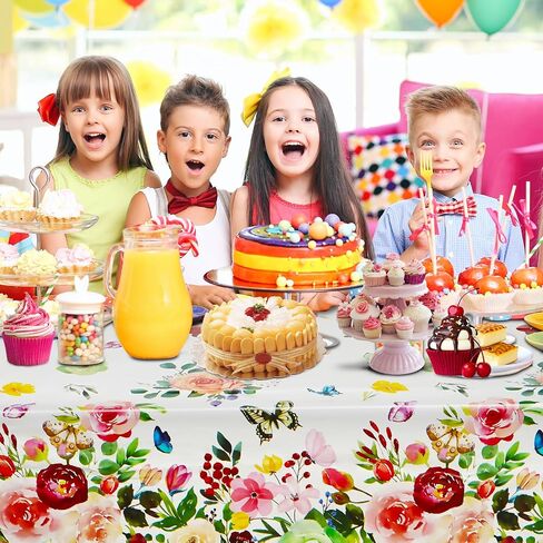 Spring Floral Tablecloths, Colorful Flower Plastic Table Cloth Butterfly Rose Tablecovers for Summer Birthday Wedding Mothers Day Tea Party Decorations (2) in Saudi Arabia