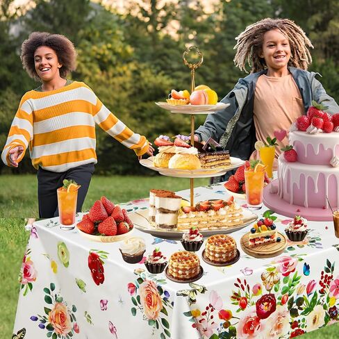 Spring Floral Tablecloths, Colorful Flower Plastic Table Cloth Butterfly Rose Tablecovers for Summer Birthday Wedding Mothers Day Tea Party Decorations (2) in Saudi Arabia