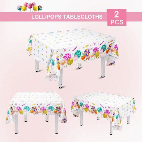 2 Pieces Sweet Candyland Tablecloth for Candyland Party Decorations, Candy Theme Plastic Table Cover Candy Land Table Cloths Lollipop Tablecovers for Candy Land Birthday Party Decorations in Saudi Arabia
