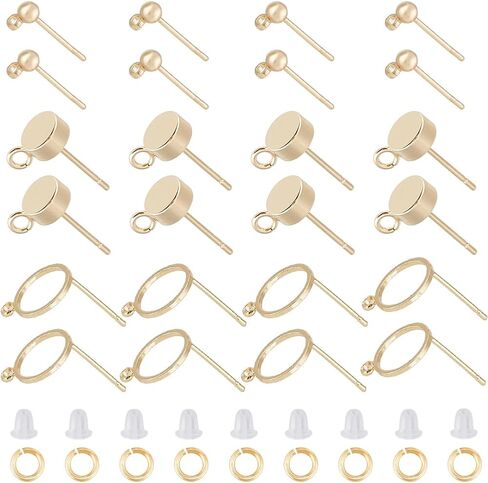 CREATCABIN 30Pcs 3 Styles 18K Gold Plated Brass Flat Round Earrings Findings Ball Post Earring Studs Earring Posts Earring Backs with Loop Ear Nuts Jump Rings for DIY Dangle Earrings Jewelry Making in Saudi Arabia