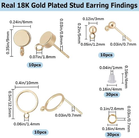 CREATCABIN 30Pcs 3 Styles 18K Gold Plated Brass Flat Round Earrings Findings Ball Post Earring Studs Earring Posts Earring Backs with Loop Ear Nuts Jump Rings for DIY Dangle Earrings Jewelry Making in Saudi Arabia