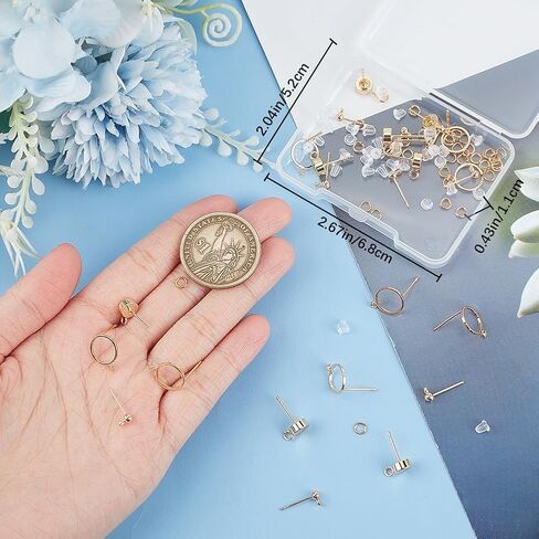 CREATCABIN 30Pcs 3 Styles 18K Gold Plated Brass Flat Round Earrings Findings Ball Post Earring Studs Earring Posts Earring Backs with Loop Ear Nuts Jump Rings for DIY Dangle Earrings Jewelry Making in Saudi Arabia