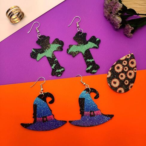 SHUANGART 60 Pcs Multi Shapes Sublimation Earring Blanks Double-Sided Superfine Glitter Material, Unfinished Faux Leather Earrings for Festival Holiday DIY Jewelry Making (Halloween) in Kuwait