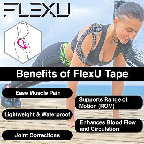 FlexU Kinesiology Tape; 40 Extra-Wide Pre-Cut Y-Shape Strips (3"x10") - Unique Design for Lower Back, Shoulders, Knees, and Neck - Professional-Grade Muscle & Joint Support; Long Lasting (Black) in Kuwait