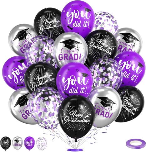 2025 Graduation Balloons,50Puppliescs 12 Inch Purple Silver Graduation Balloons for Graduation Party Decorations in Saudi Arabia