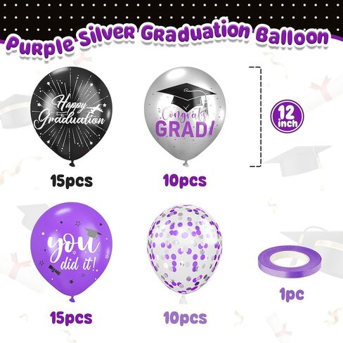 2025 Graduation Balloons,50Puppliescs 12 Inch Purple Silver Graduation Balloons for Graduation Party Decorations in Saudi Arabia