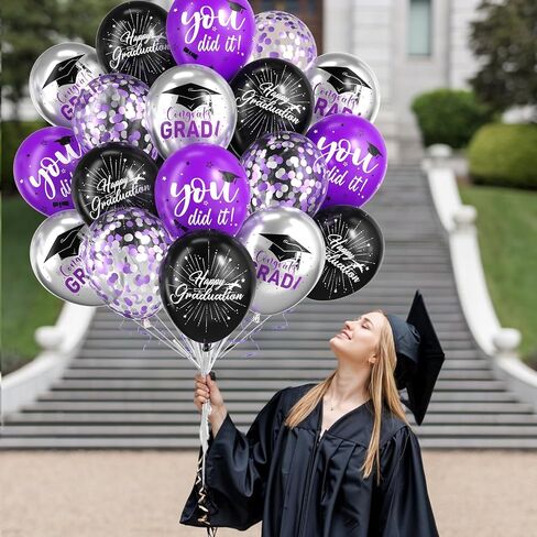 2025 Graduation Balloons,50Puppliescs 12 Inch Purple Silver Graduation Balloons for Graduation Party Decorations in Saudi Arabia