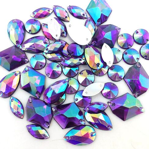PEPPERLONELY 50PC Purple AB Color Sew On Mixed Shape & Size Flat Back Faceted Acrylic Crystals Rhinstones, 7~21mm in Kuwait