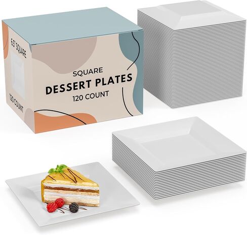 Exquisite Disposable Appetizer Plates - 120 Pack 6.5 In. x 6.5 In. White Plastic Dessert Plates - Elegant Design for Weddings, Birthdays, and Formal Parties - Stackable and Convenient - BPA Free in Kuwait