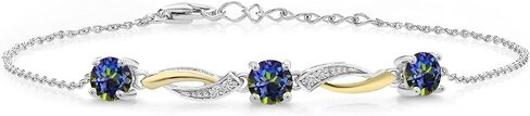 Gem Stone King 925 Silver and 10K Yellow Gold Round Sky Blue Aquamarine and Moissanite Tennis Graduated Bracelet For Women (1.54 Cttw, Gemstone Birthstone, 7 Inch with 1 Inch Extender) in Saudi Arabia