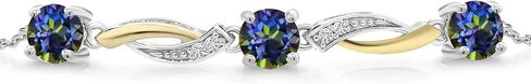 Gem Stone King 925 Silver and 10K Yellow Gold Round Sky Blue Aquamarine and Moissanite Tennis Graduated Bracelet For Women (1.54 Cttw, Gemstone Birthstone, 7 Inch with 1 Inch Extender) in Saudi Arabia