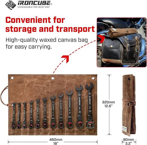 Reversible Ratcheting Wrench Set: 12-Piece Metric 8-19mm - Tough Black - Wax Canvas Storage Bag - Automotive and Motorcycle Repair Tools in Saudi Arabia