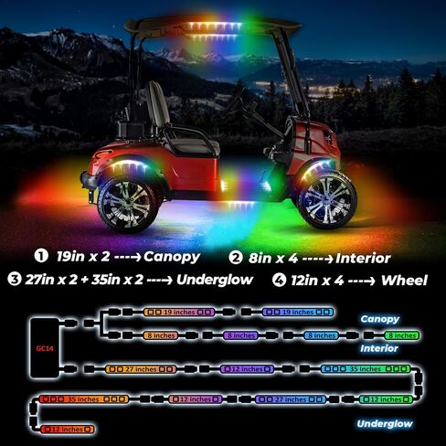 12pcs Golf Cart Lights with Voltage Reducer, RGB Led Underglow Light Kit with 2 Remotes and App Control, 12v-72v Input, Waterproof, Sound Active, Battery Drain Protect Kill Switch Golf Cart Light in Kuwait