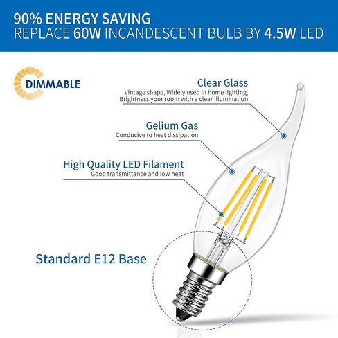 ANWIO B11 LED Filament Bulb E12 Candelabra Small Base 2700K Warm White, 5.5W(60W Equivalent) 800 Lumens Non-Dimmable Decorative Candle Light Bulb, Pack of 6 in Saudi Arabia
