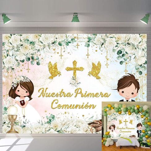 Nuestra Primera Comunión Baptism Backdrop for Boy and Girl First First Compledrop Backdrop Floral God God Bessor Bassing Party Mi Primera Comunion Banner (7x5ft: 84x60 inch) in Kuwait