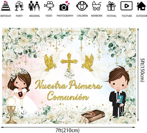 Nuestra Primera Comunión Baptism Backdrop for Boy and Girl First First Compledrop Backdrop Floral God God Bessor Bassing Party Mi Primera Comunion Banner (7x5ft: 84x60 inch) in Kuwait