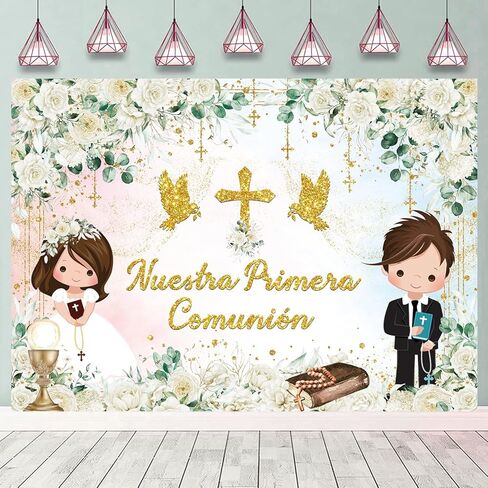 Nuestra Primera Comunión Baptism Backdrop for Boy and Girl First First Compledrop Backdrop Floral God God Bessor Bassing Party Mi Primera Comunion Banner (7x5ft: 84x60 inch) in Kuwait