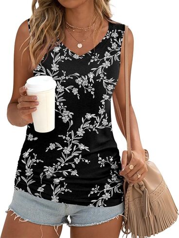 Anydoll Womens 2024 Summer Tank Tops Casual Sleeveleeve Vneck Shirts Beach Ruched Tee in Saudi Arabia