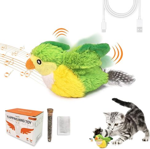 Interactive Flapping Bird Cat Toy with Catnip, Touch Activated Rechargeable, Musical Sound (can Turn Off), Satisfy Cat's Natural Huting Instinct, Soft Plush Washable Cover (Green) in Saudi Arabia