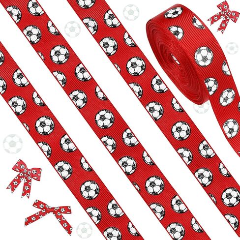 Roceei 10 ياردة شرائط كرة القدم Glitter Grosgrain Soccer Decorations Decorations Drections Black White Ball Wrapp Craft for Sport Team Decoration and Thief Party Party Crafts Team (Red) in Kuwait