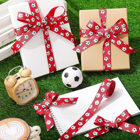 Roceei 10 ياردة شرائط كرة القدم Glitter Grosgrain Soccer Decorations Decorations Drections Black White Ball Wrapp Craft for Sport Team Decoration and Thief Party Party Crafts Team (Red) in Kuwait