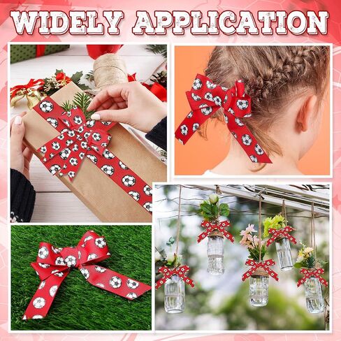 Roceei 10 ياردة شرائط كرة القدم Glitter Grosgrain Soccer Decorations Decorations Drections Black White Ball Wrapp Craft for Sport Team Decoration and Thief Party Party Crafts Team (Red) in Kuwait