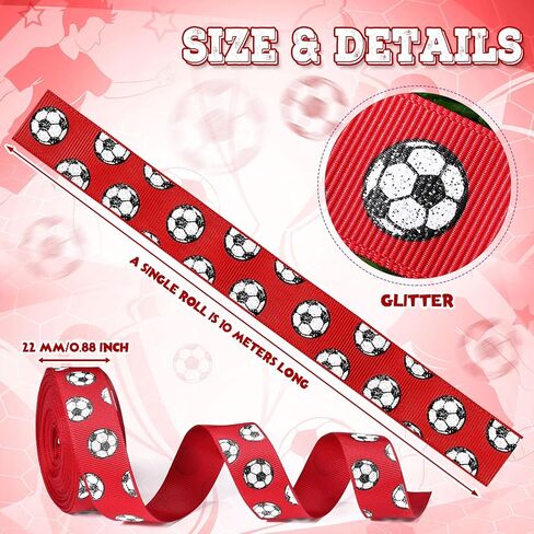 Roceei 10 ياردة شرائط كرة القدم Glitter Grosgrain Soccer Decorations Decorations Drections Black White Ball Wrapp Craft for Sport Team Decoration and Thief Party Party Crafts Team (Red) in Kuwait