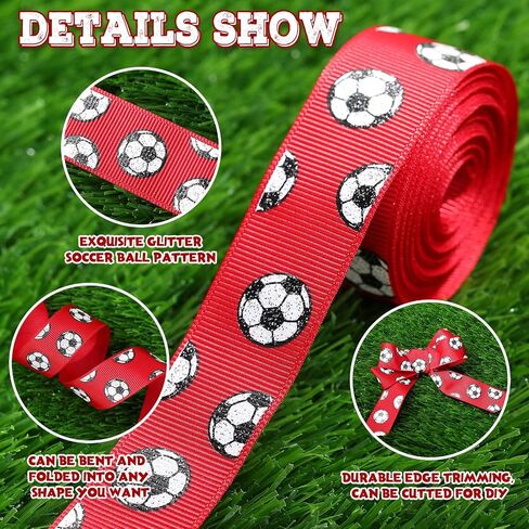 Roceei 10 ياردة شرائط كرة القدم Glitter Grosgrain Soccer Decorations Decorations Drections Black White Ball Wrapp Craft for Sport Team Decoration and Thief Party Party Crafts Team (Red) in Kuwait