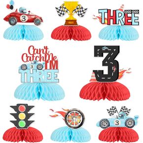 Jollyboom Race Car الثالث ديكورات حفلة عيد ميلاد للطاولة ، 8pcs لا يمكن أن تلتقطني أنا ثلاثة أعياد الميلاد مركزية للسيارات الجدول للسيارات للأولاد لسباق سيارة عيد ميلاد 3 سنوات