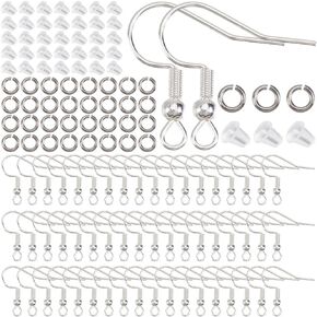 160 Sets 925 Sterling Silver Plated Silver Fish Hook Earring Wires French Wire Earring Hooks with Ear Nuts Dangle Hanging Stainless Steel Earring Findings Kits for Jewelry Making DIY Crafts