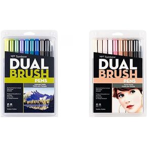 Tombow Dual Brush Pen Art Markers ، 10 عبوات ، مجموعات المناظر الطبيعية 10 حزم. فرشاة يمكن مزيجها وعلامات الطرف الدقيقة