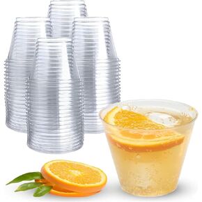 Prestee 200 Plastic Cups - 9 Oz Clear Disposable Cups, Plastic Drinking Glasses, Hard Plastic Cocktail Tumblers for Parties, Weddings, Slushie Cup for Events, Reusable Plastic Cups