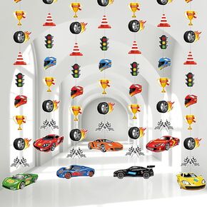 Faccito Race Car Party Decorations Checkered Flags Paper Banner Two Fast Birthday Decor Race Car Paper Cutout Racetrack Wheels Hanging Garland for Trunk Checkered Flag Birthday Party Supplies Decor