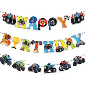 شاحنات عيد ميلاد Monster Truck Truck Trucks Off-Road Carcles Banner Cars Trucks Hanging Paper Sign Cars موضوعات الحفلات وحش الزخارف لحفلات الشاحنة للأطفال البالغين.