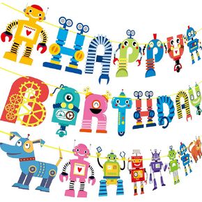 Robot Happy Birthday Banner and Party Decoration - Cartoon Hanging Decoration for Boys' Birthday - Robot Theme Party Supplies