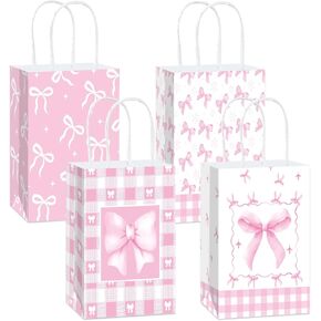 12 PCS PINK RIBBON BOW حقائب مع مقابض ، أكياس ورقية KRAFT منقوشة لصالح حفل ​​عيد ميلاد على طراز Coquette ، دش الطفل ، حفل زفاف ، حفل شاي الفتيات ، حقيبة جيدة من الوردي اللطيف للعلاجات والهدايا