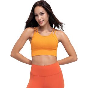 Womens High Impact Ribbed Crop Padded Seamless Strappy Yoga Bras Running Athletic Gym Workout Fitness Tank Tops Cream L