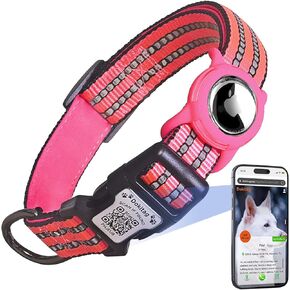 طوق الكلب العاكس مع حامل Apple Airtag ورمز QR Code معرف PET ، طوق تعقب الكلاب القابل للتعديل من النايلون الناعم مع قفل أمان للكلاب الصغيرة (Rose Red ، S)