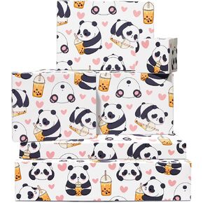 Central 23 Panda Wrapp Paper - White - 6 صفائح من غلاف الهدايا للحيوان للفتيات - شاي الفقاعات - بوبا - القلب - للاستحمام طفل عيد ميلاد - قابل لإعادة التدوير